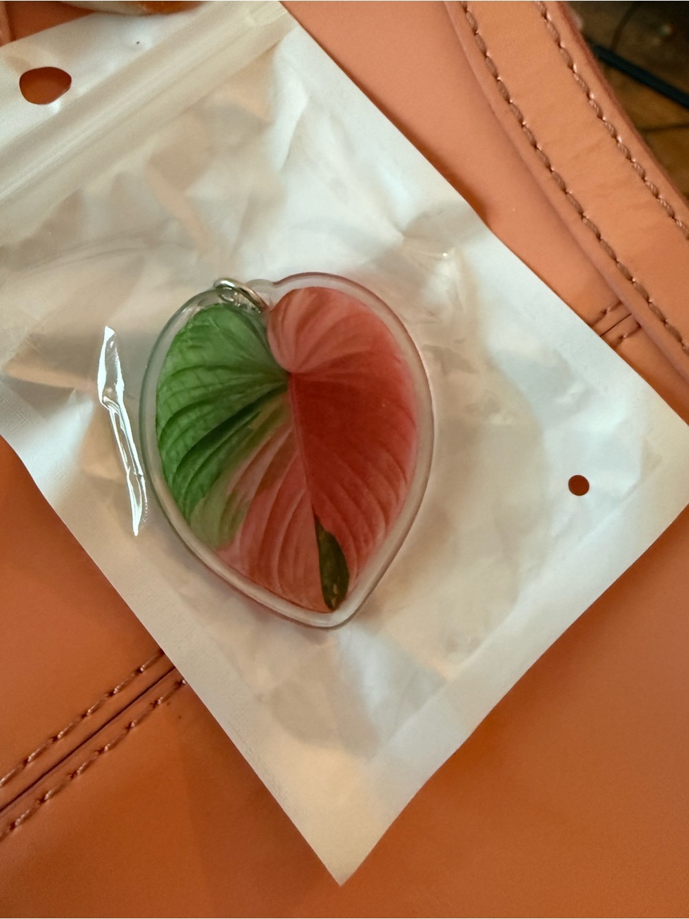 Variegated Anthurium Heart Leaf Acrylic Keychain - Pink & Green - Silver - NEW! - Picture 2 of 3
